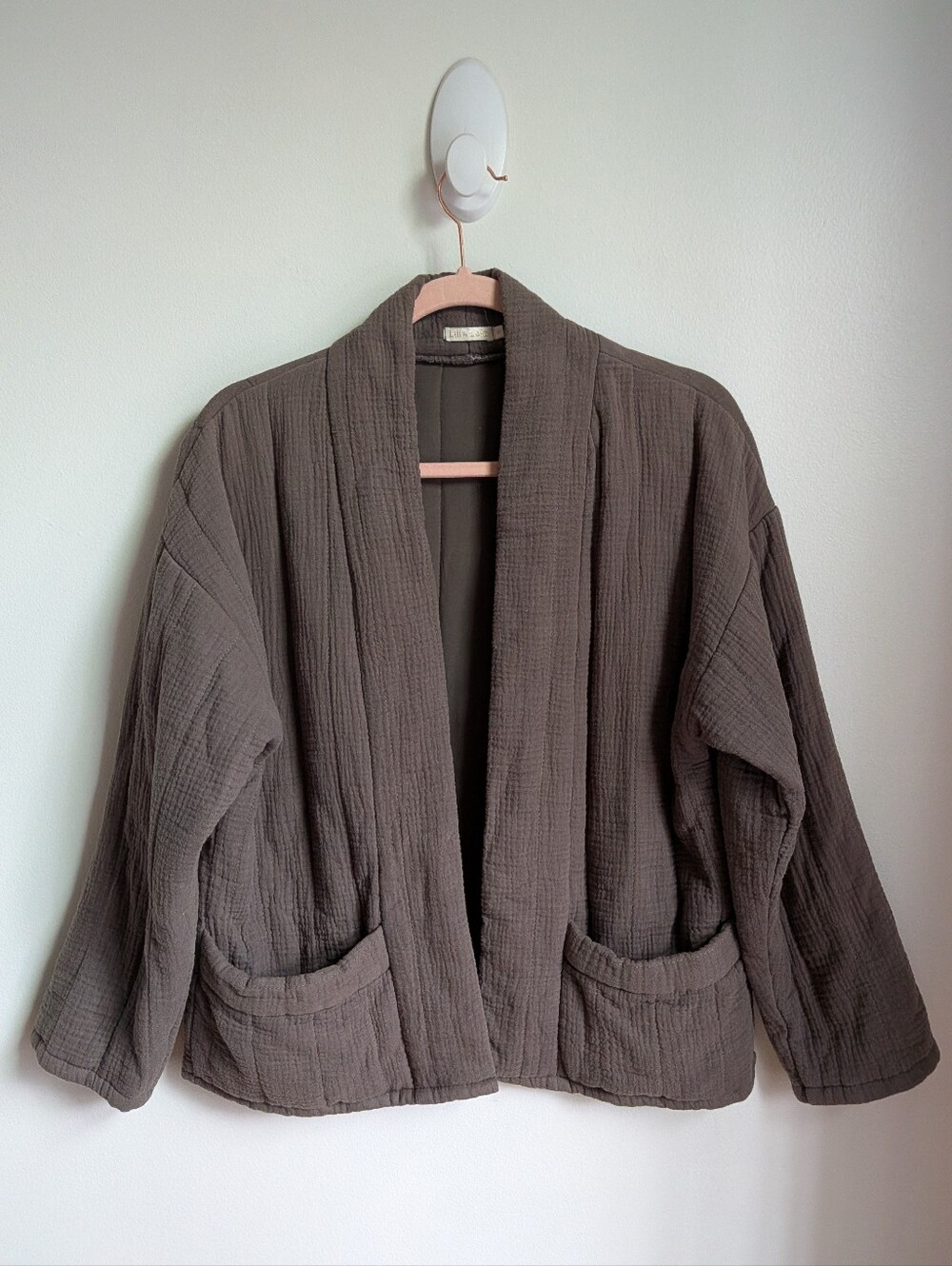 LILI & LOLA French Khaki Green Quilted Cotton Oversized Open Front Jacket Small